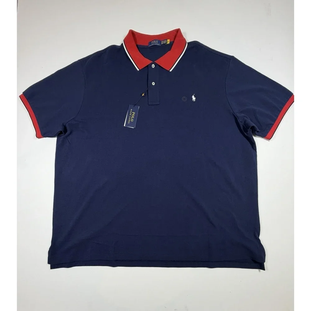 Polo Ralph Lauren Men's 4XB Tipped White Pony Navy Red Multi Polo Shirt NWT $125